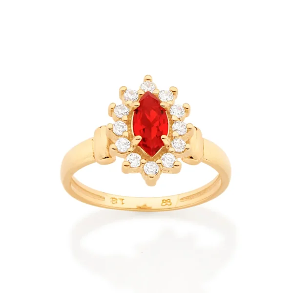 ANEL FORMATURA BANHADO A OURO 18K COM ZIRCONIAS E CRISTAL VERMELHO