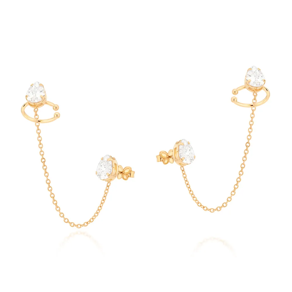BRINCO EAR CUFF COM PIERCING DE PRESSAO BANHADO A OURO 18K COM ZIRCONIAS