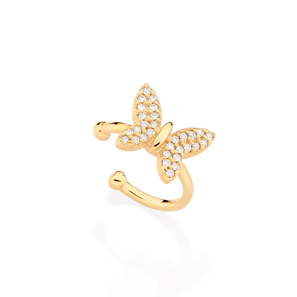 BRINCO PIERCING DE PRESSAO BORBOLETA BANHADO A OURO 18K COM ZIRCONIAS
