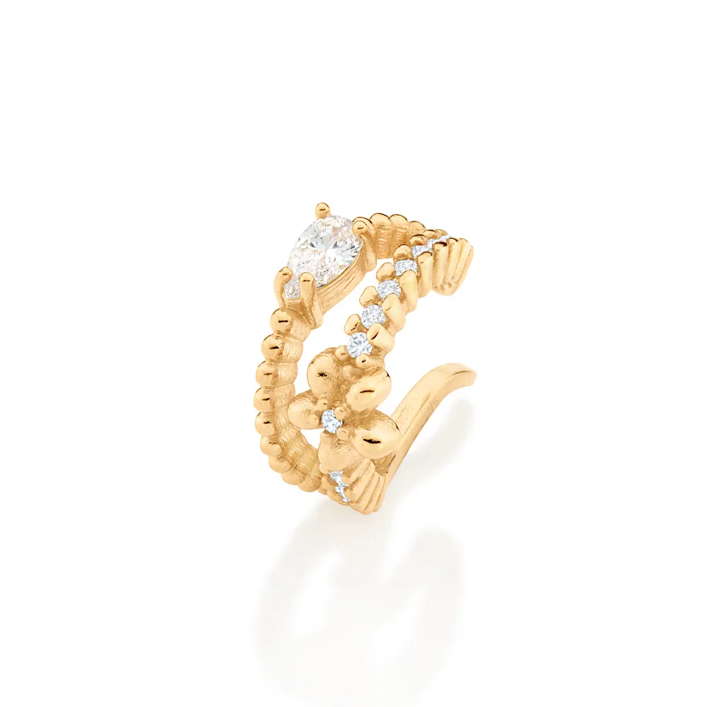 BRINCO PIERCING DE PRESSAO FLOR BANHADO A OURO 18K COM ZIRCONIAS