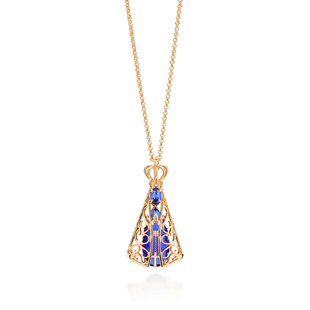 GARGANTILHA NOSSA SENHORA APARECIDA BANHADA A OURO 18K COM ZIRCONIAS E CRISTAIS