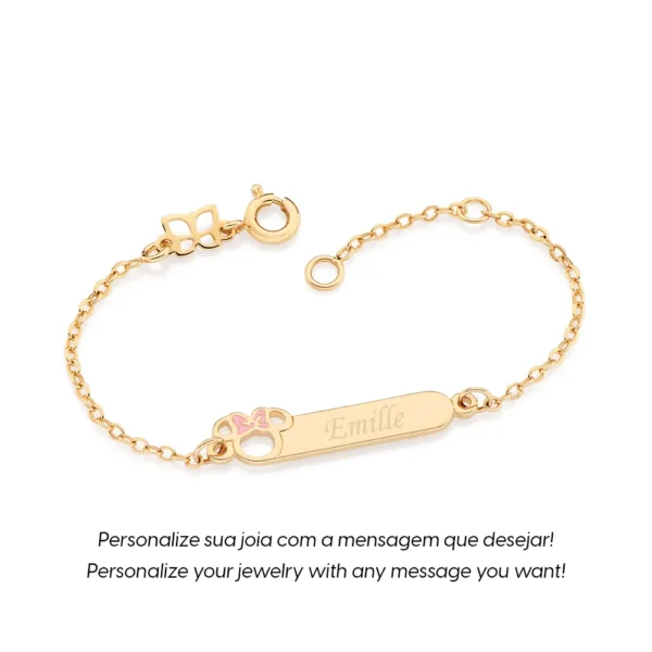 PULSEIRA MINNIE BABY PERSONALIZAVEL BANHADA A OURO 18K COM APLICACAO DE RESINA