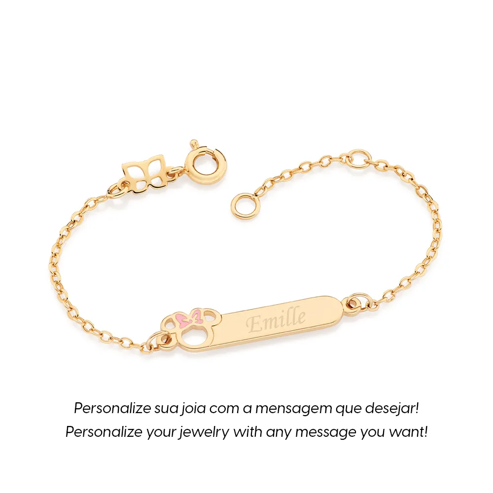 PULSEIRA MINNIE BABY PERSONALIZAVEL BANHADA A OURO 18K COM APLICACAO DE RESINA