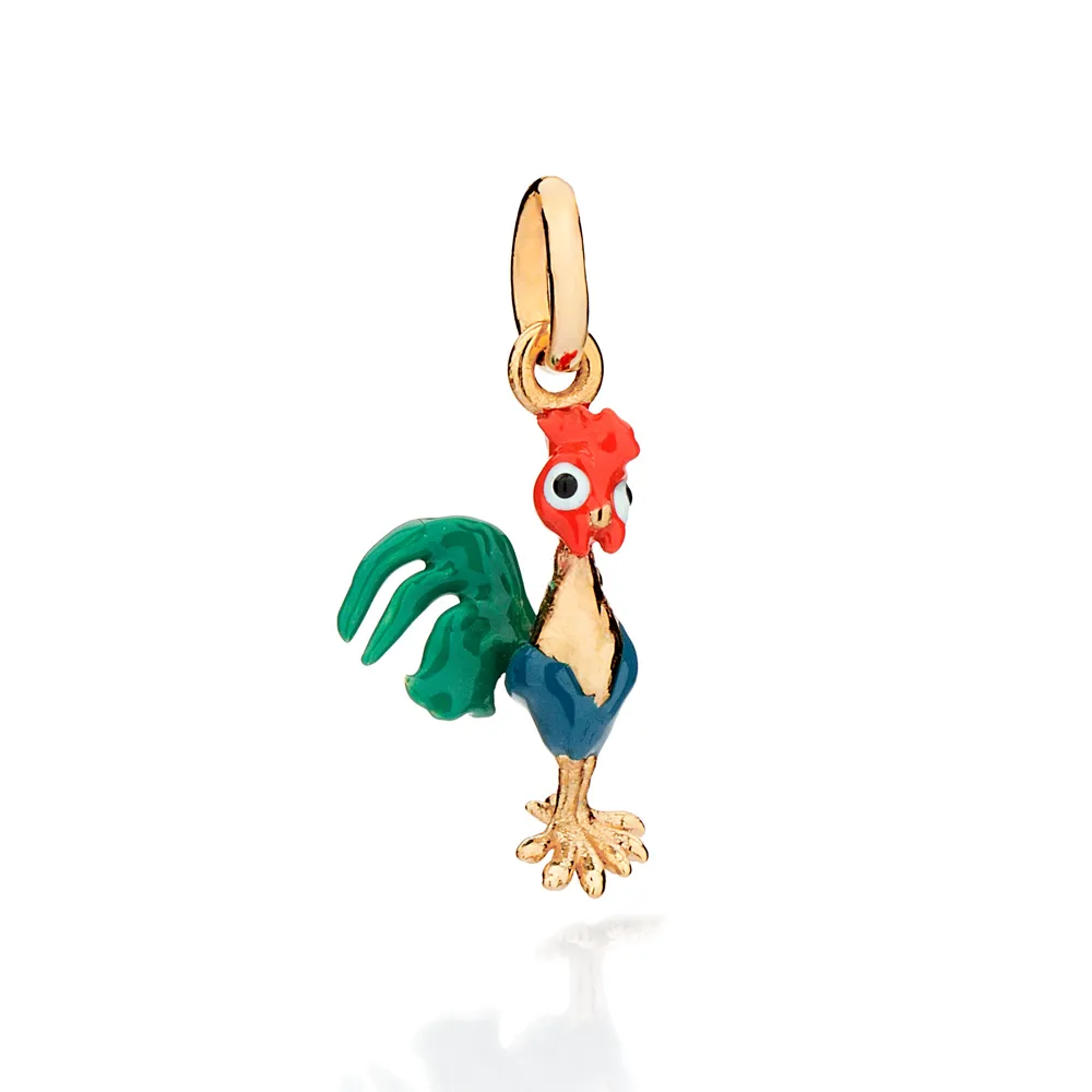 PINGENTE GALO HEI HEI 3D BANHADO A OURO 18K COM APLICACAO DE RESINA